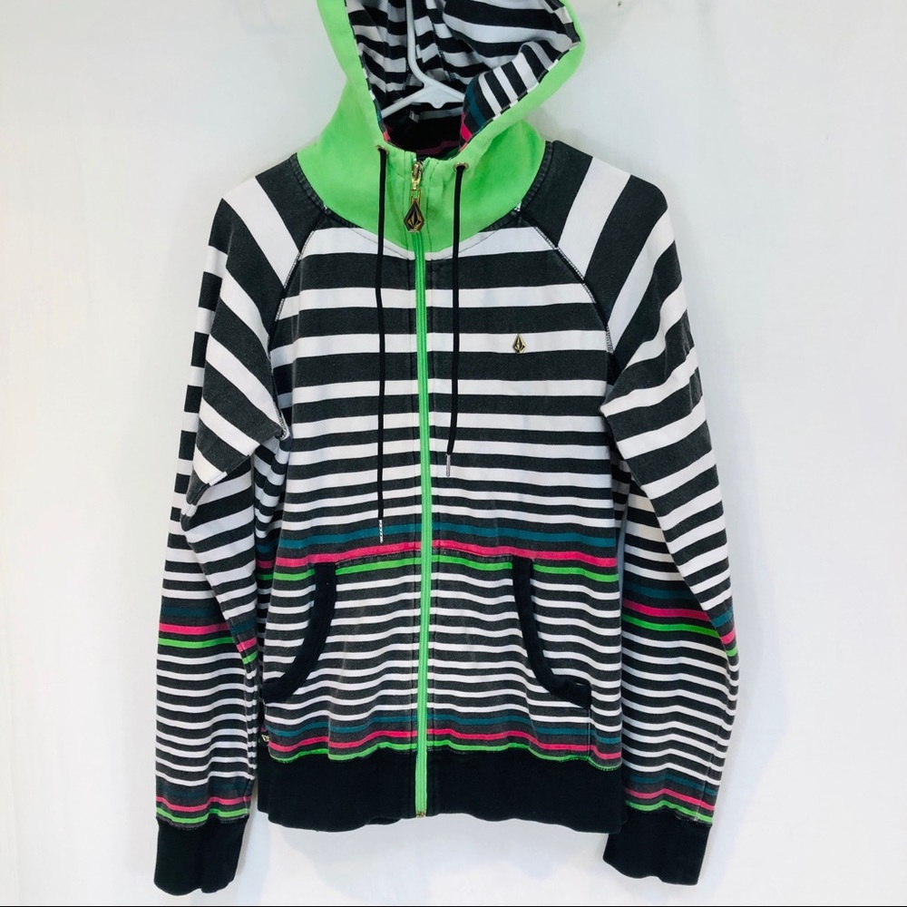 Volcom Women’s Zip Hoodie Sweatshirt sz L/ G  Cotton Blend Striped  Black White